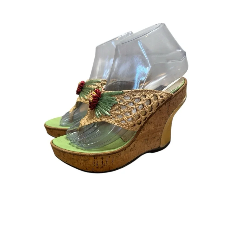 Giacinto🤑Vintage Italian💚Boho Floral Wedges Woven Straw & Cork Platform Sz36-6